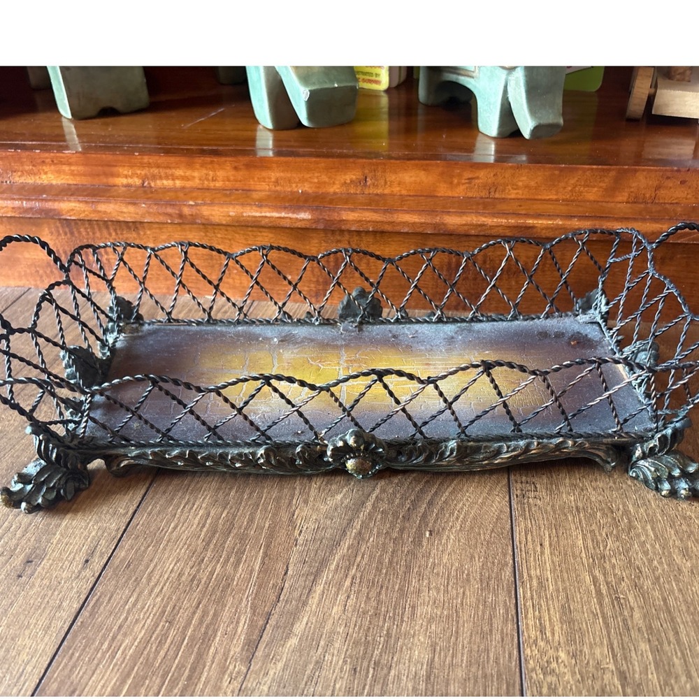 Vintage Style Ornate Metal Wire Rectangular Tray Crackle Base Acanthus Feet MCM